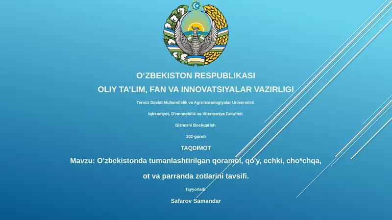 O'zbekistonda tumanlashtirilgan qoramol, qo'y, echki, cho'chqa, ot va parranda zotlarini tavsifi