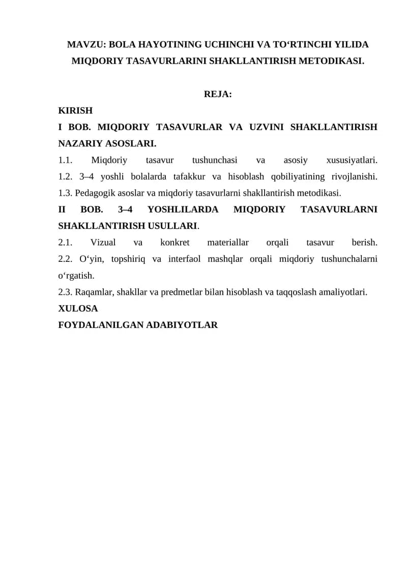 BOLA HAYOTINING UCHINCHI VA TO‘RTINCHI YILIDA MIQDORIY TASAVURLARINI SHAKLLANTIRISH METODIKASI