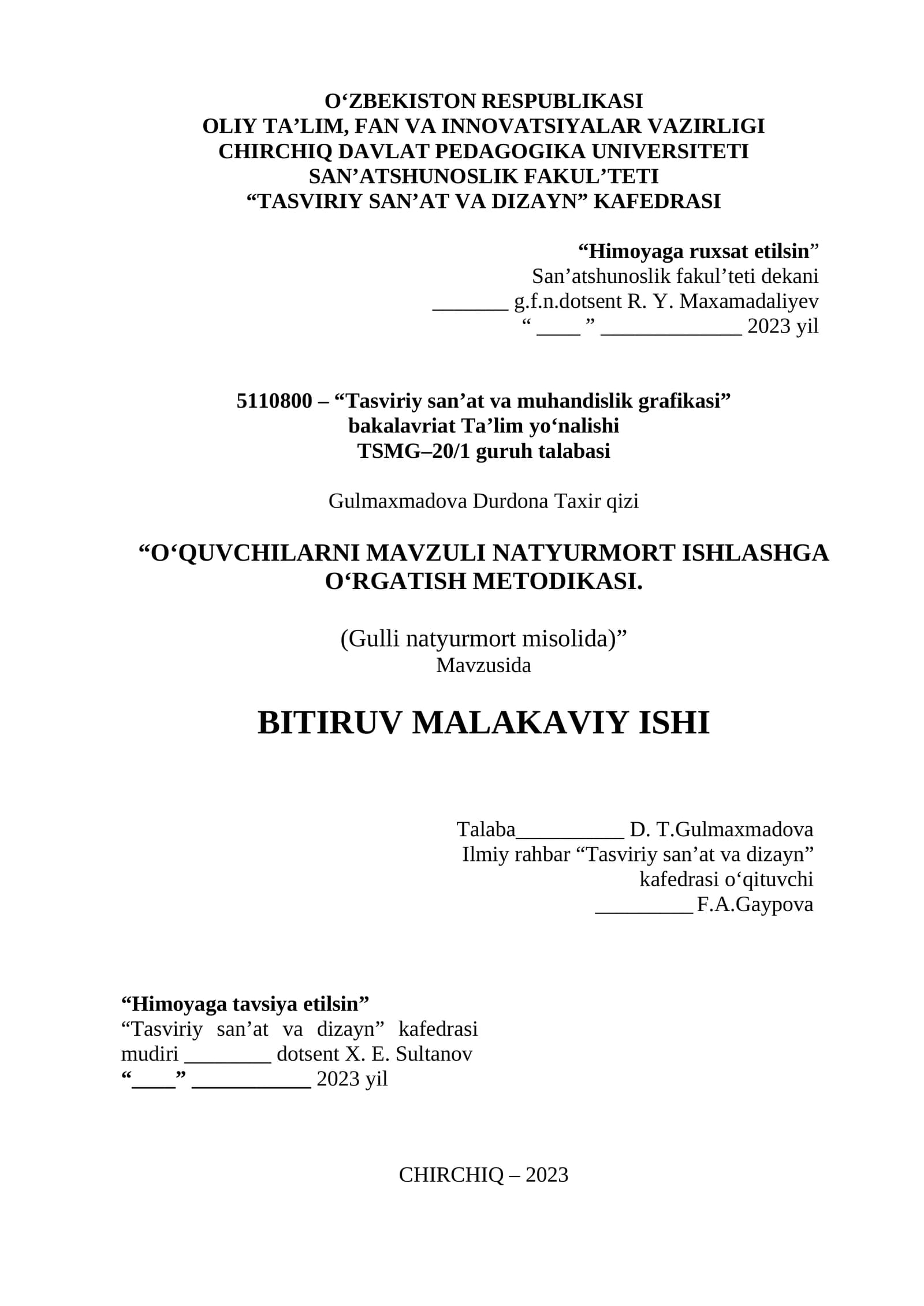 O‘QUVCHILARNI MAVZULI NATYURMORT ISHLASHGA O‘RGATISH METODIKASI
