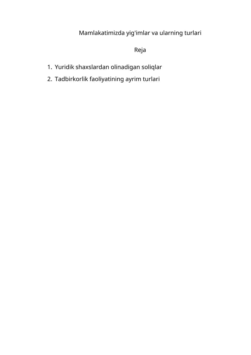 Soliqlar turlari va ularning o'zgartirilishi