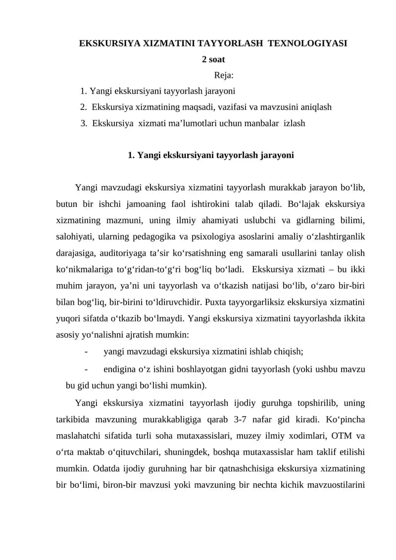 Ekskursiya Xizmatini Tayyorldash Texnologiyasi