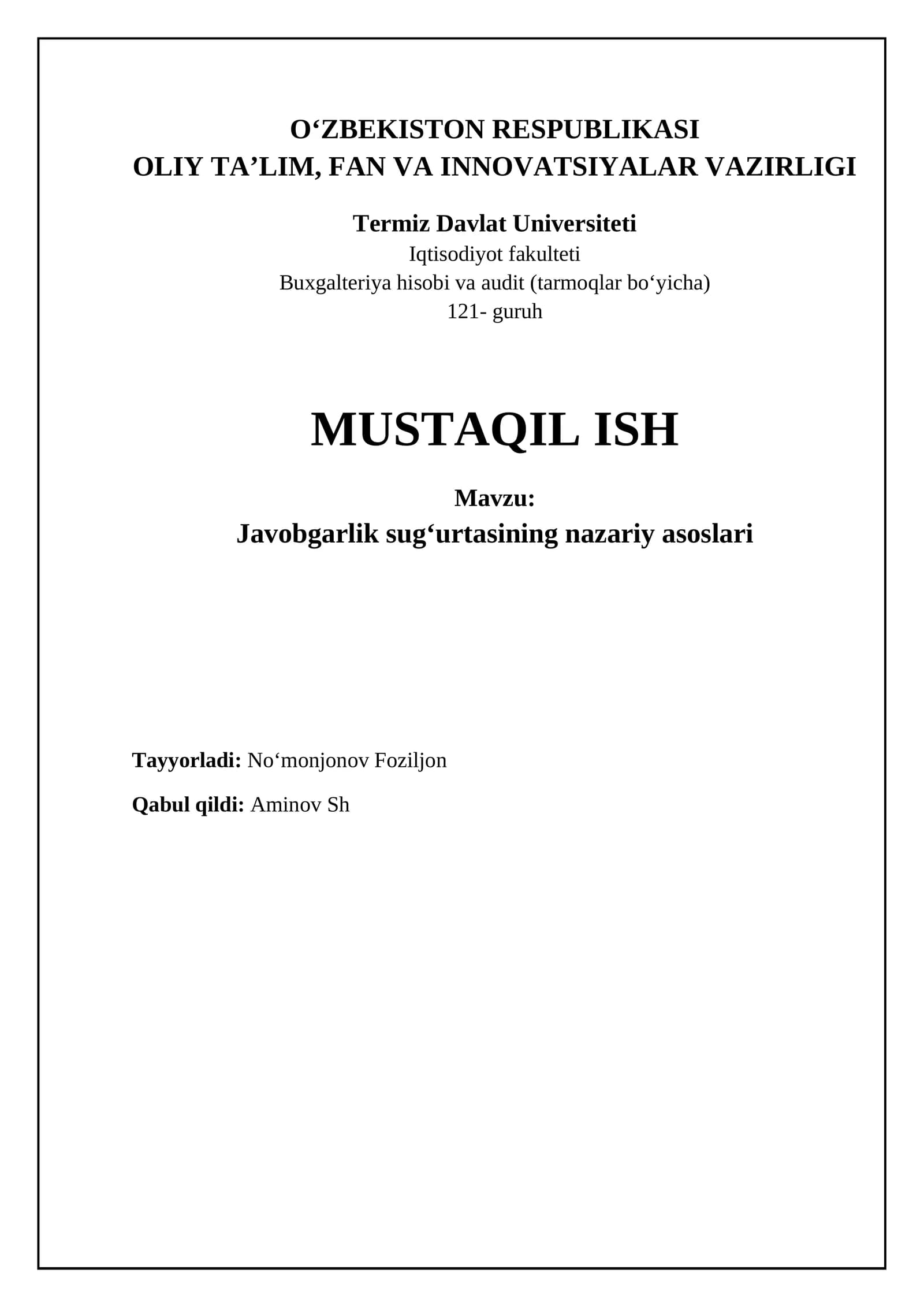 Javobgarlik sugʻurtasining nazariy asoslari