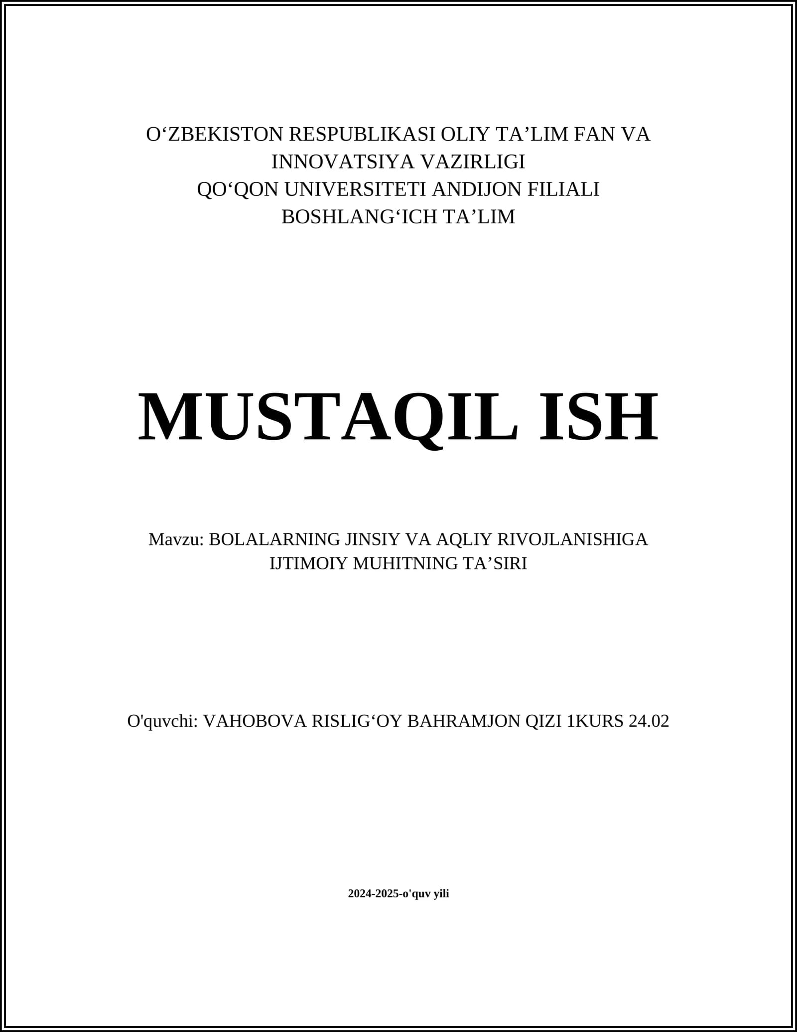 BOLALARNING JINSIY VA AQLIY RIVOJLANISHIGA IJTIMOIY MUHITNING TAʼSIRI