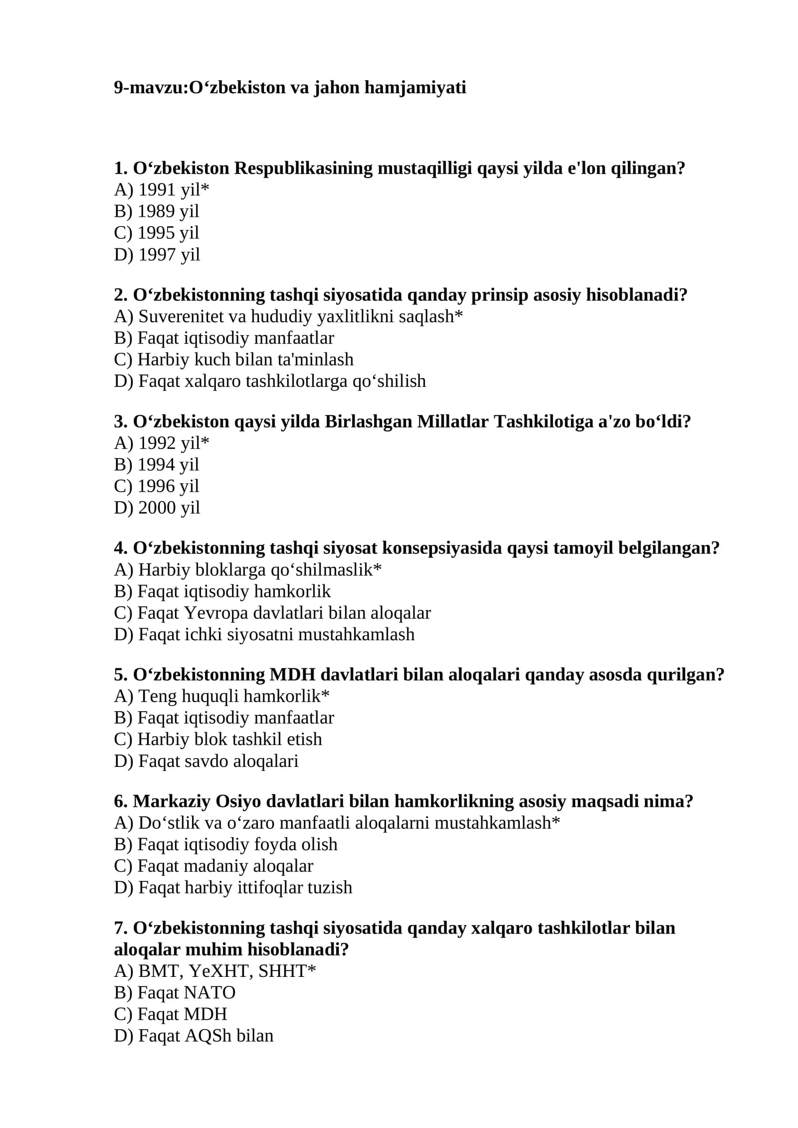 O‘zbekiston va jahon hamjamiyati
