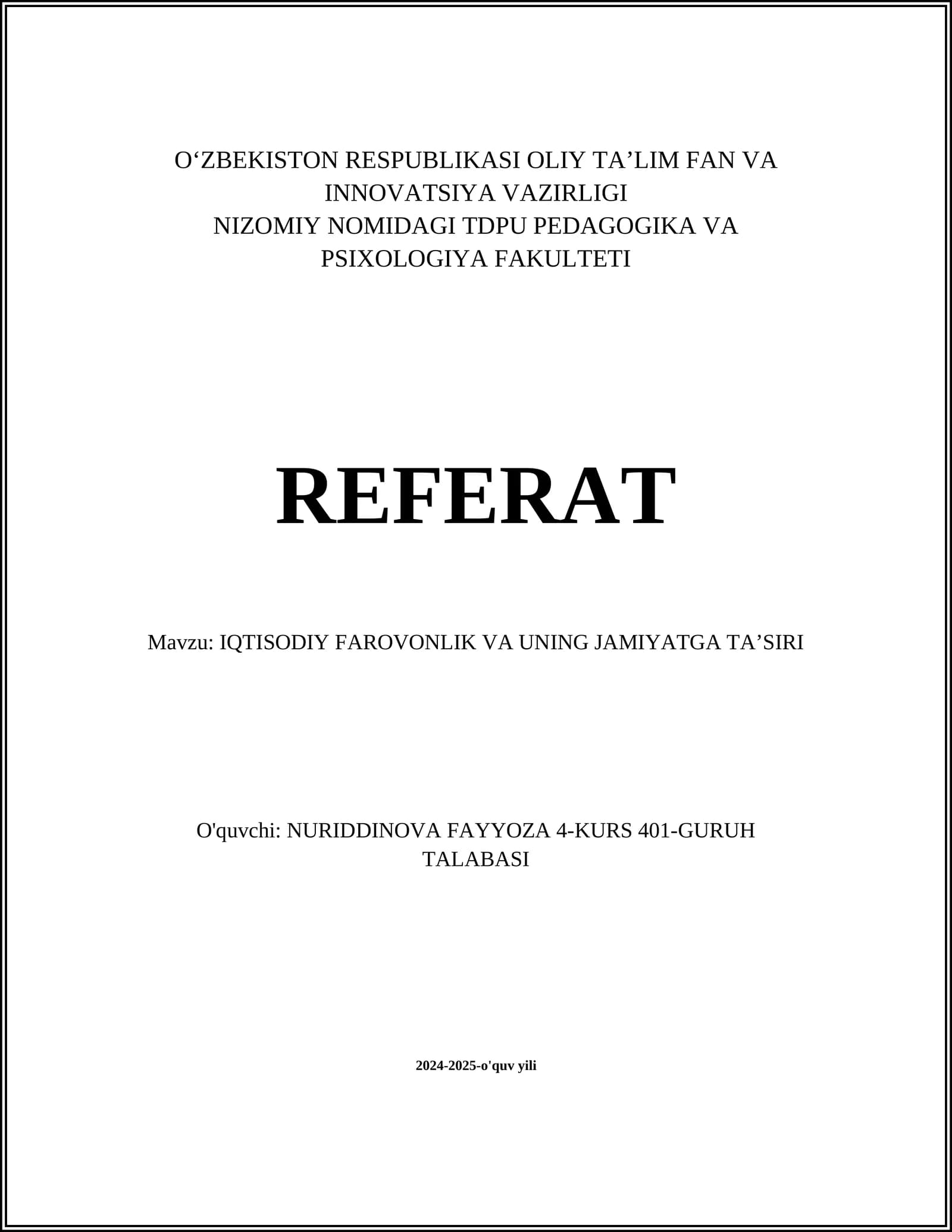 IQTISODIY FAROVONLIK VA UNING JAMIYATGA TA’SIRI