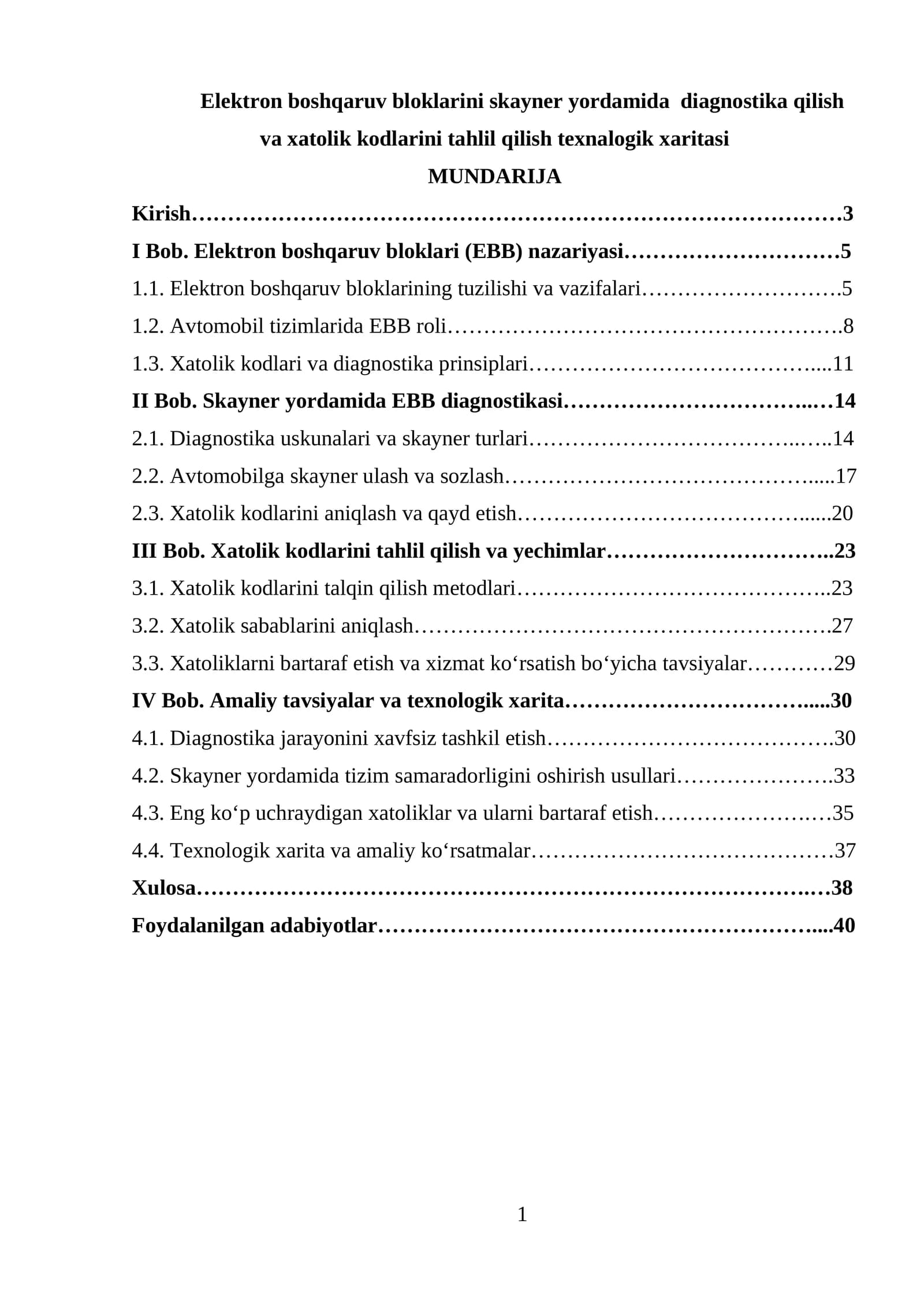Elektron boshqaruv bloklarini skayner yordamida diagnostika qilish va xatolik kodlarini tahlil qilish texnalogik xaritasi