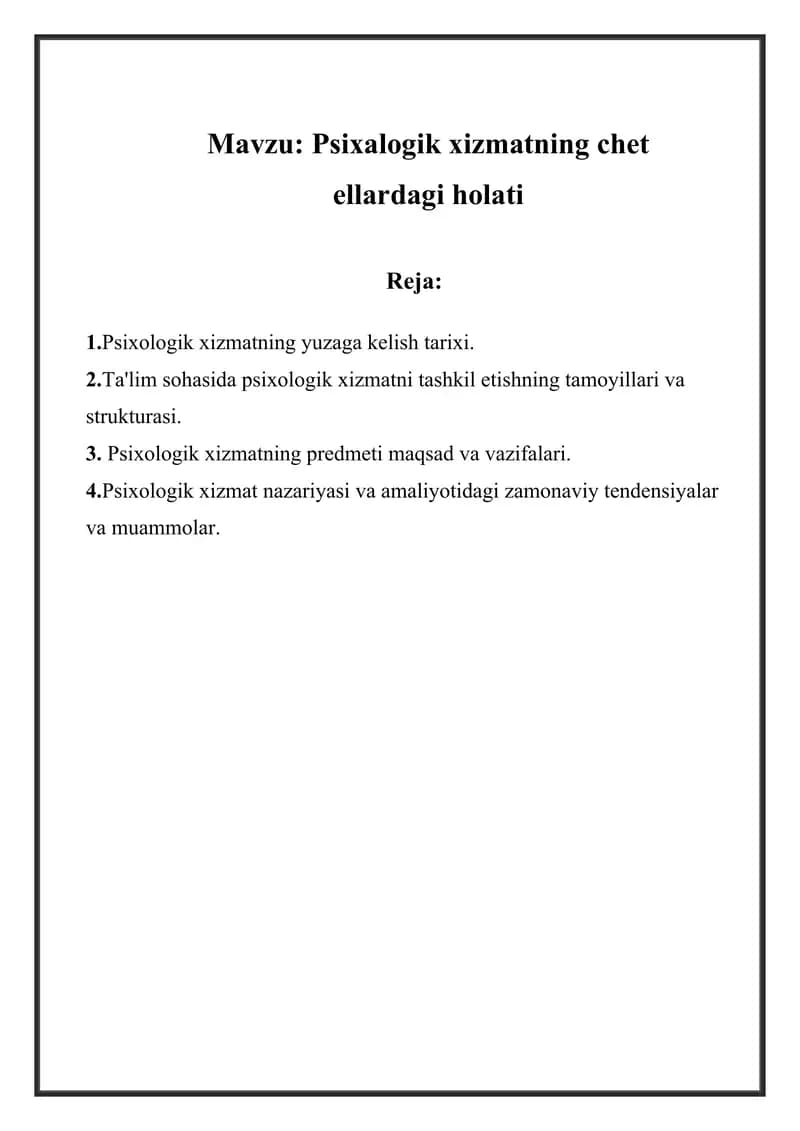 Psixalogik xizmatning chet ellardagi holati