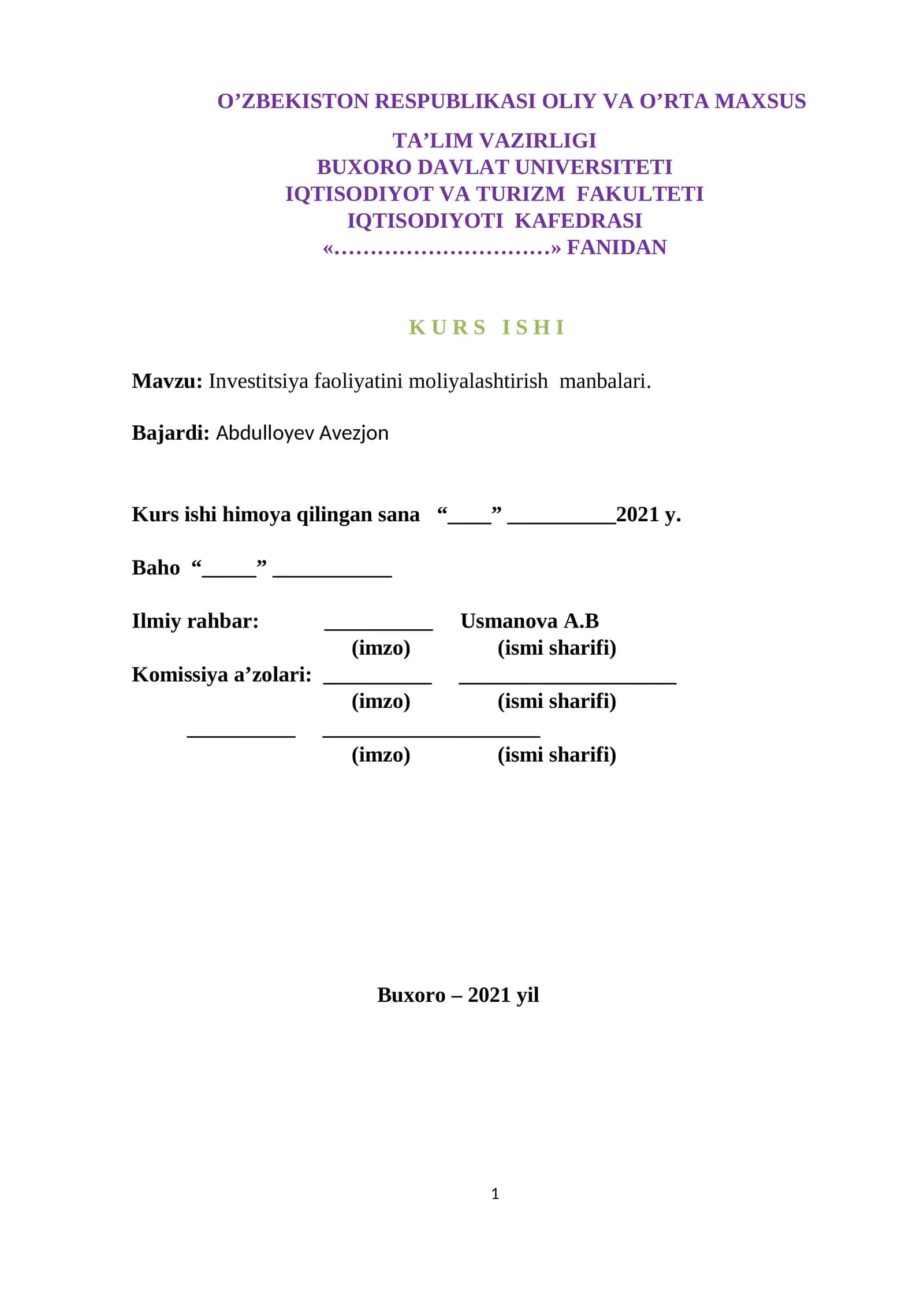 Investitsiya faoliyatini moliyalashtirish manbalari
