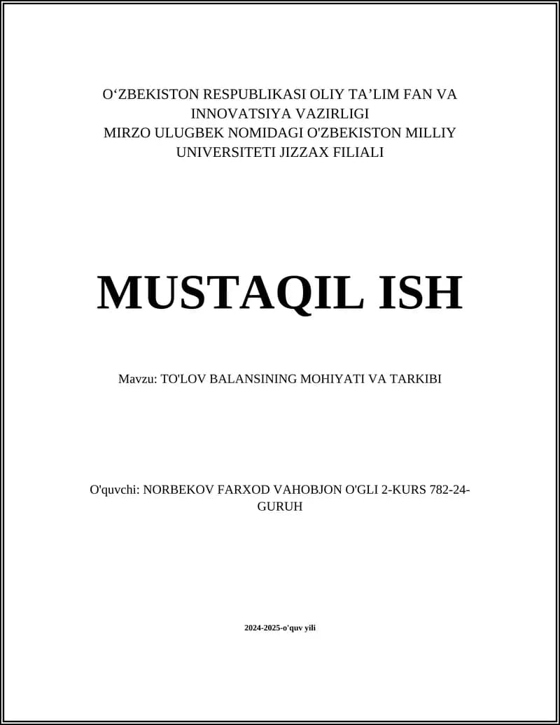 TO'LOV BALANSINING MOHIYATI VA TARKIBI