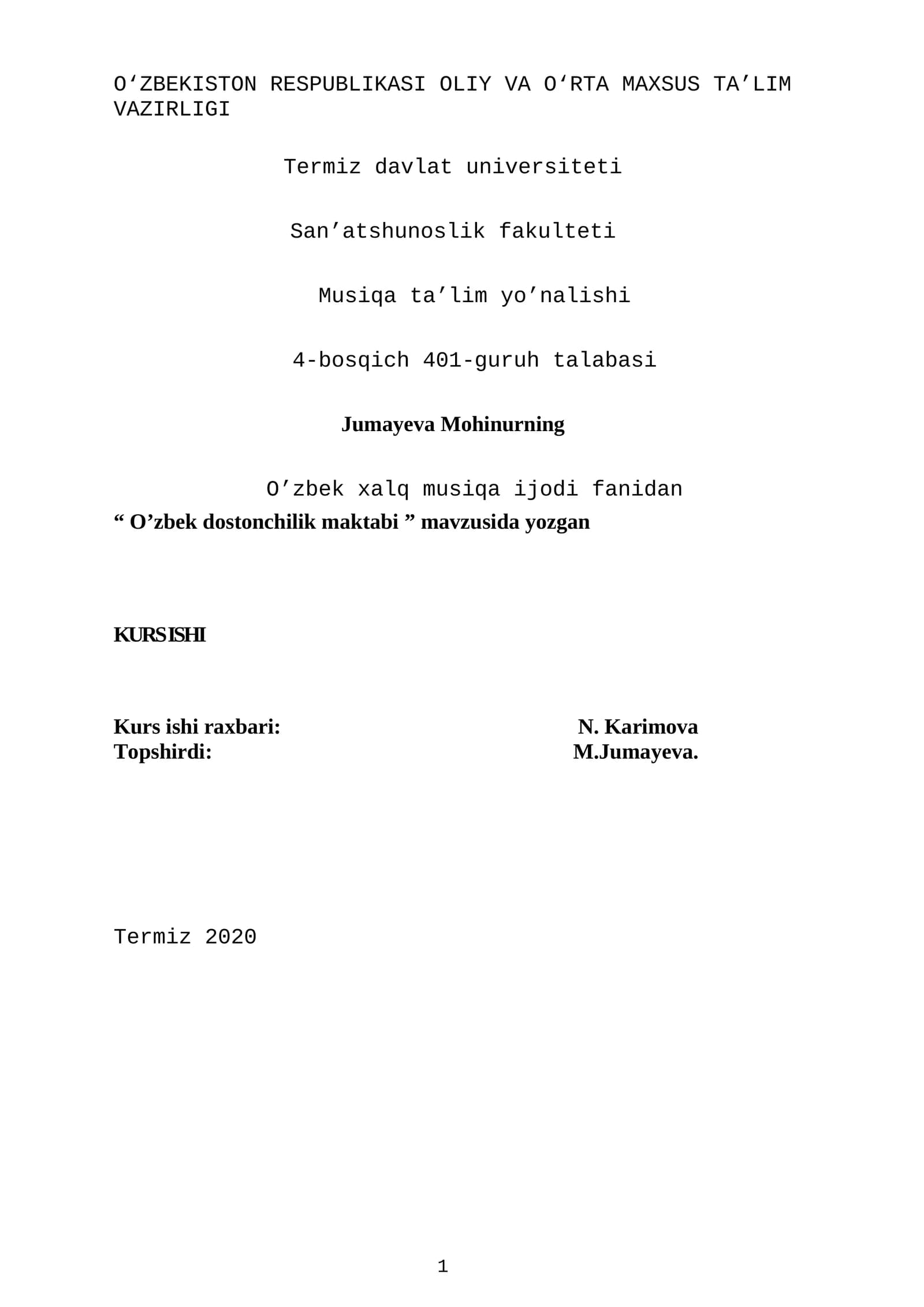 O’zbek dostonchilik maktabi KURS ISHI