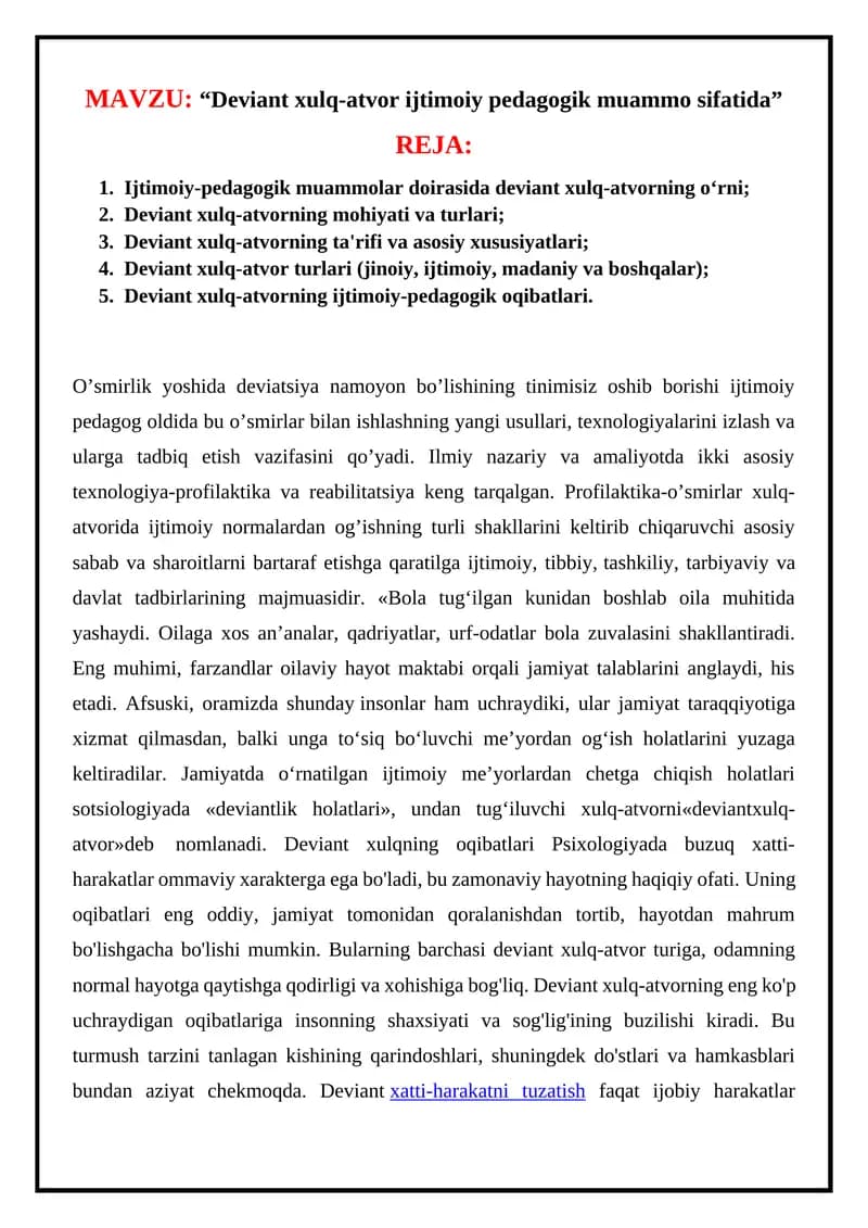 Deviant xulq-atvor ijtimoiy pedagogik muammo sifatida