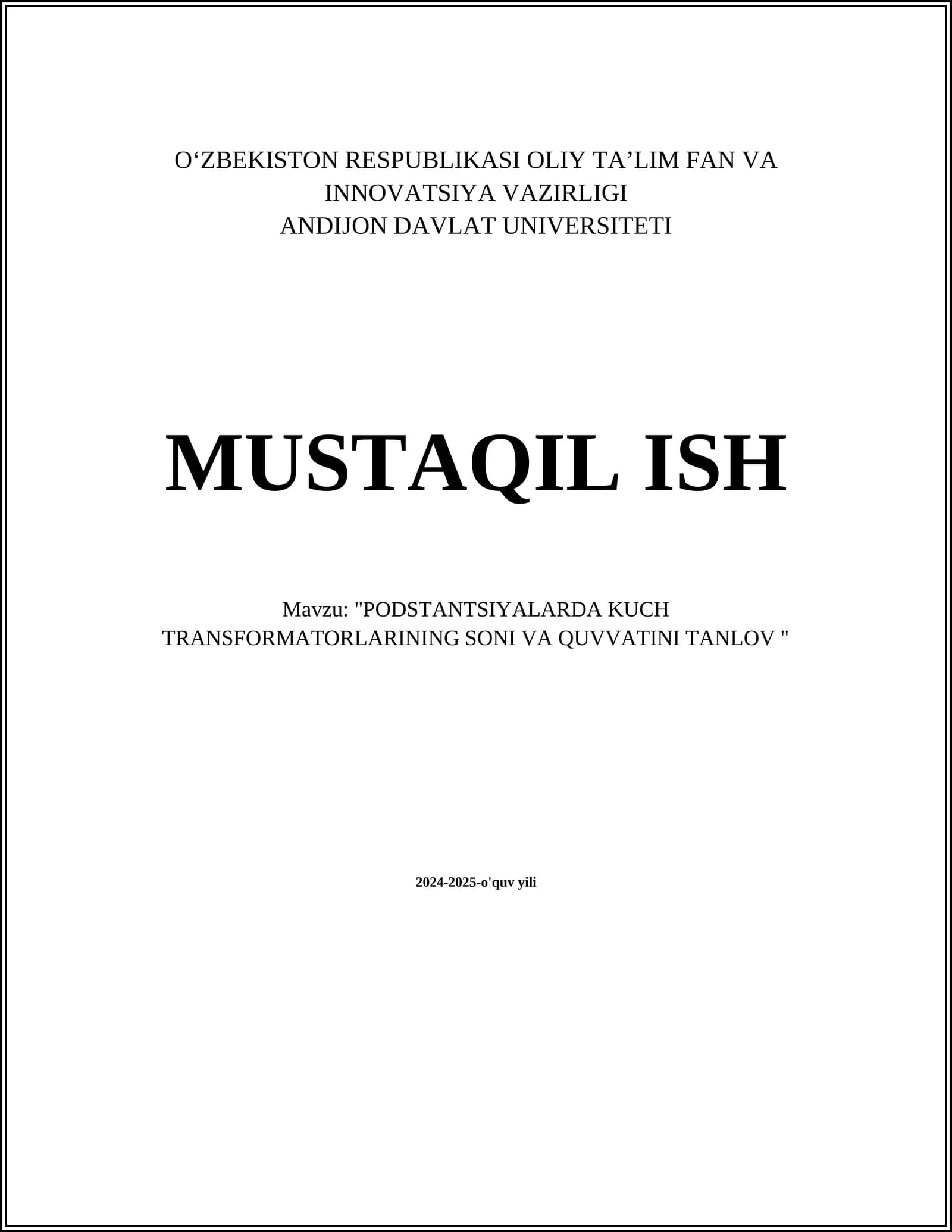 "PODSTANTSIYALARDA KUCH TRANSFORMATORLARINING SONI VA QUVVATINI TANLOV"