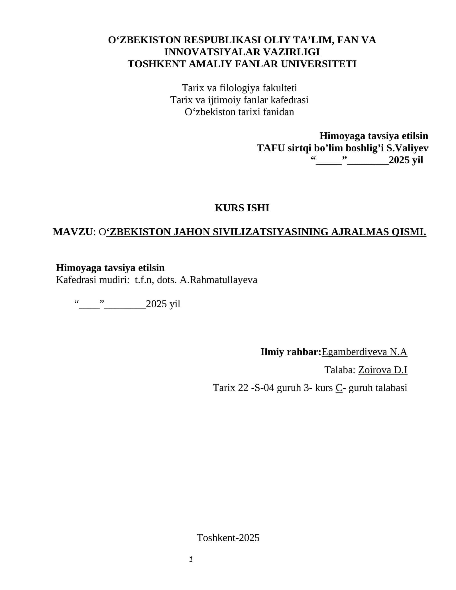 O‘ZBEKISTON JAHON SIVILIZATSIYASINING AJRALMAS QISMI