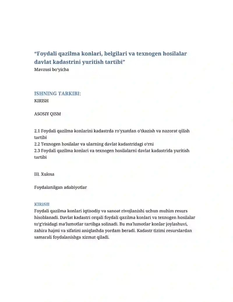 Foydali qazilma konlari, belgilari va texnogen hosilalar davlat kadastrini yuritish tartibi