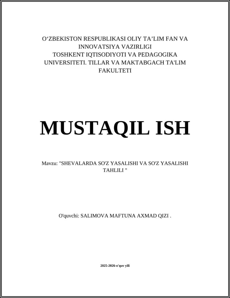 "SHEVALARDA SO'Z YASALISHI VA SO'Z YASALISHI TAHLILI"