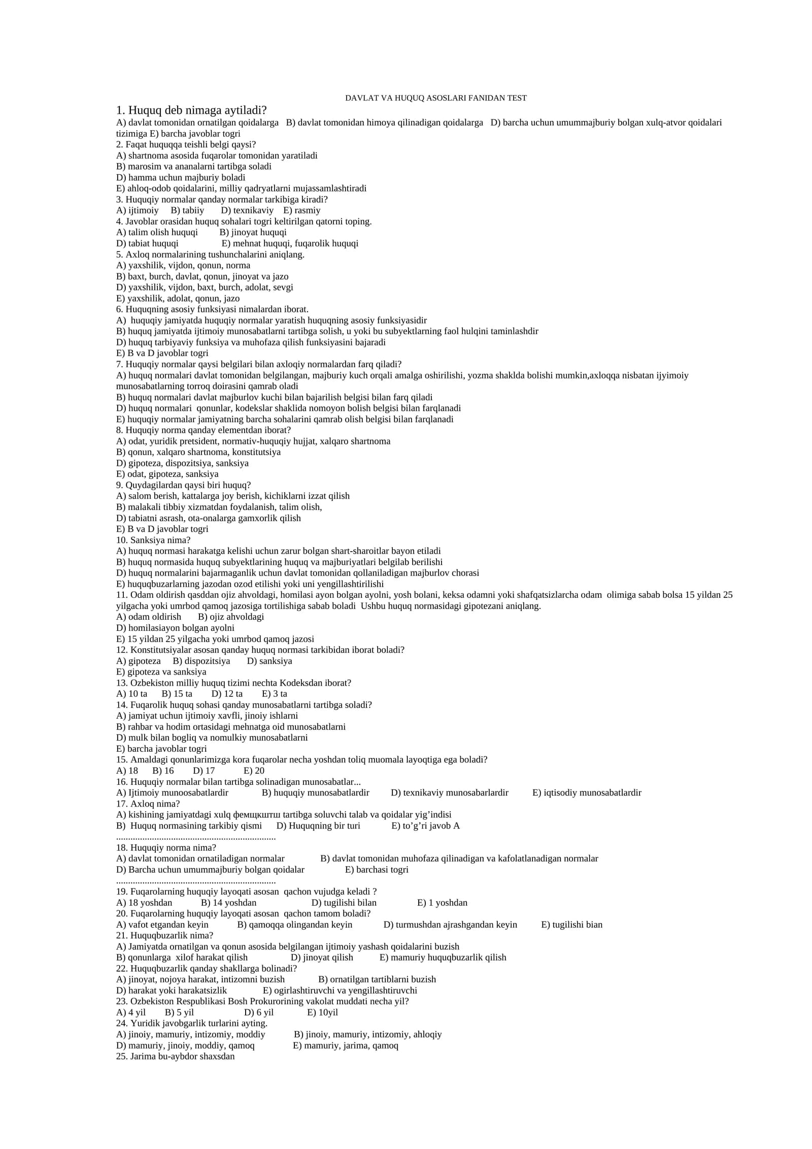 Davlat va huquq asoslari fanidan TEST