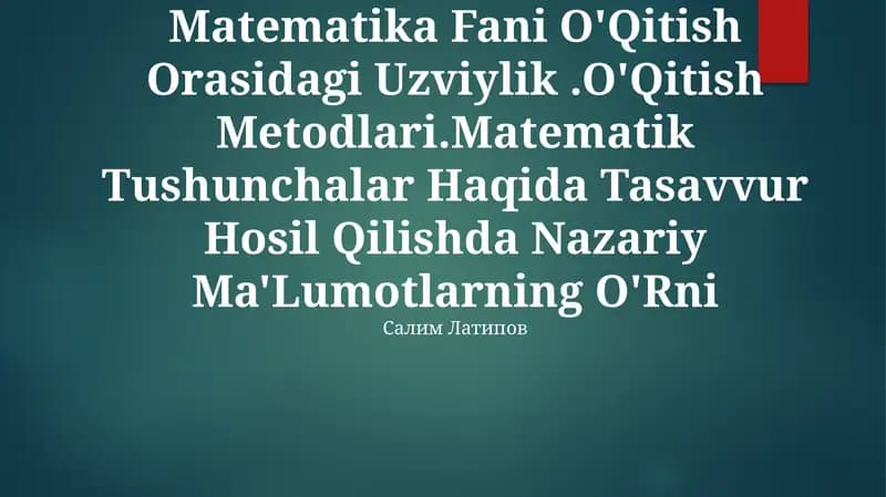 Bolalar Bog'Chasi Va Boshlang'Ich Sinflarda Matematika Fani O'Qitish Orasidagi Uzviylik