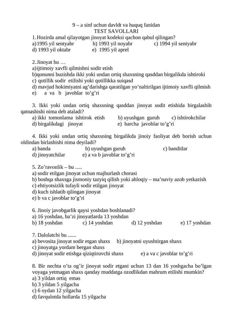 9 – a sinf uchun davldt va huquq fanidan