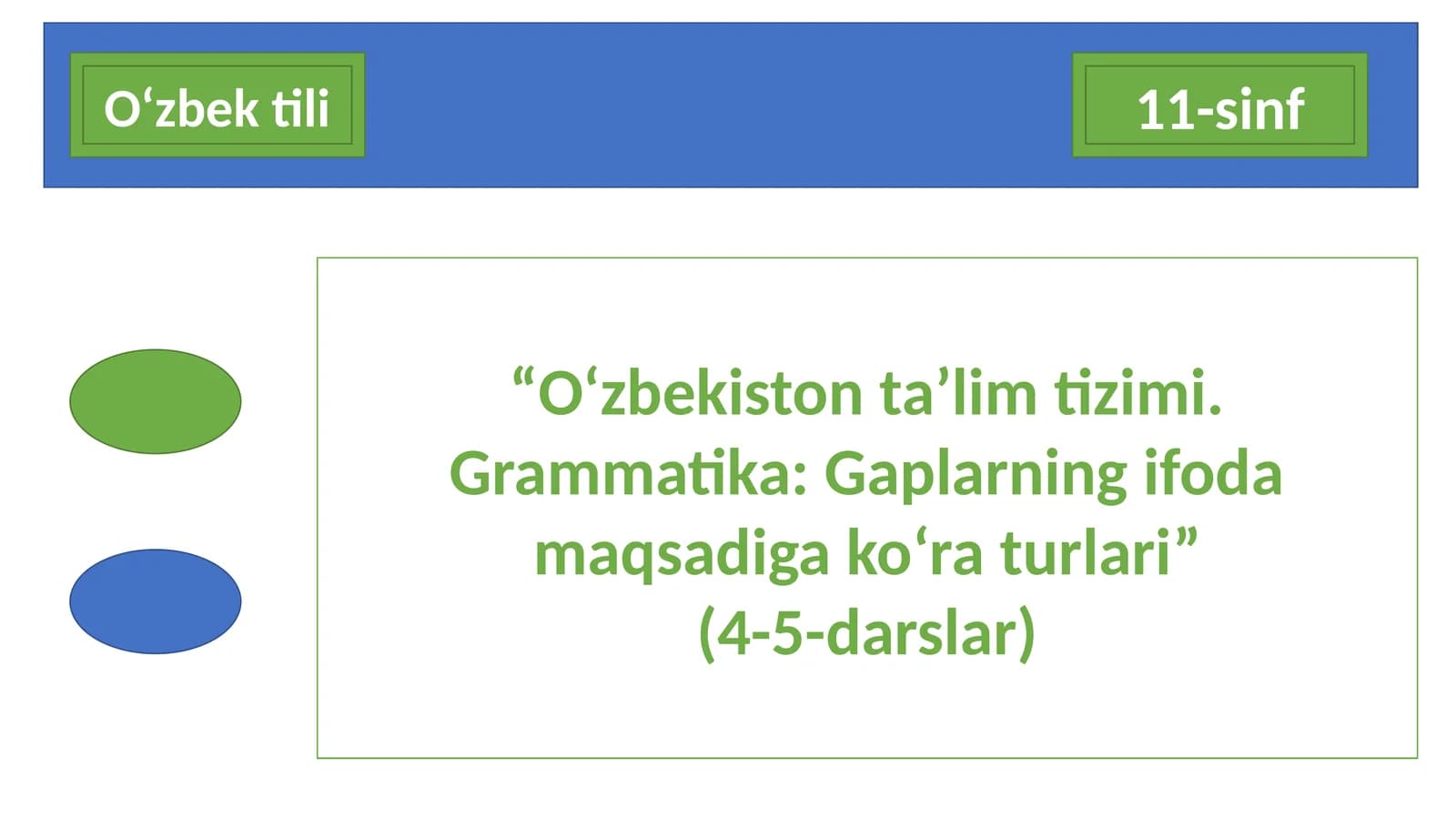11-sinf O'zbek tili dars ishlanma. O'zbekiston ta'lim tizimi. Grammatika. Gaplarning ifoda maqsadiga ko'ra turlari