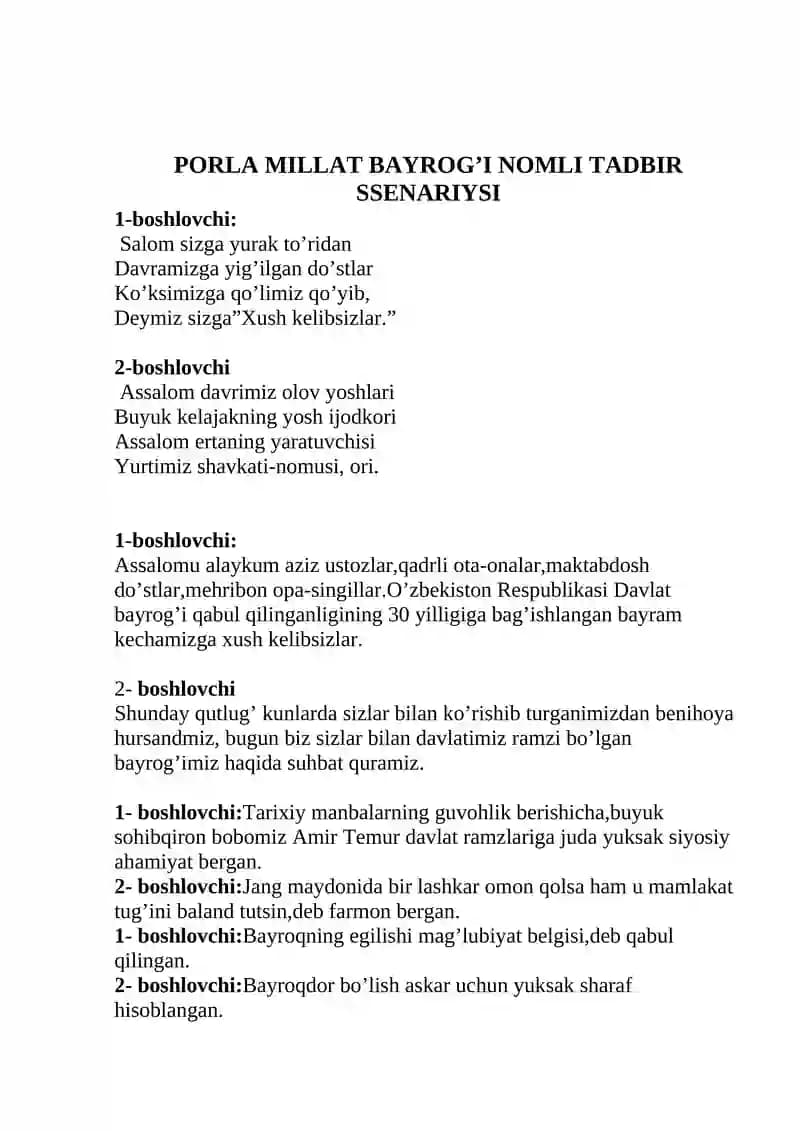 PORLA MILLAT BAYROG’I NOMLI TADBIR SSENARIYSI