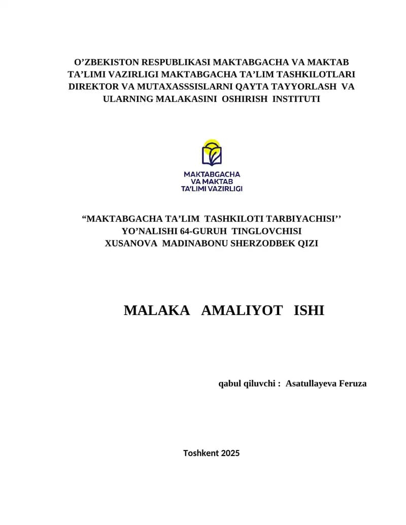 "MAKTABGACHA TA’LIM TASHKILOTI TARBIYACHISI"