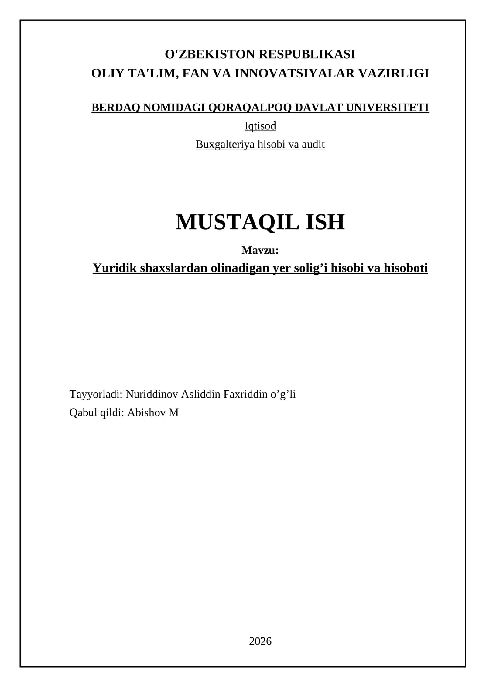 Yuridik shахslаrdаn оlinаdigаn yеr sоlig’i hisоbi vа hisоbоti