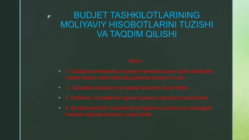 BUDJET TASHKILOTLARINING MOLIYAVIY HISOBOTLARINI TUZISHI VA TAQDIMQILISHI