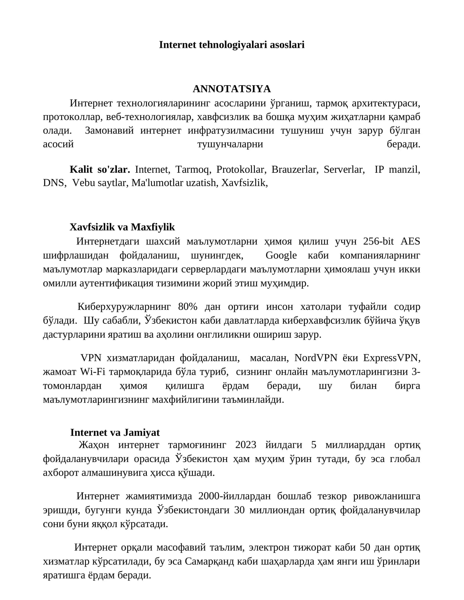 Internet tehnologiyalari asoslari
