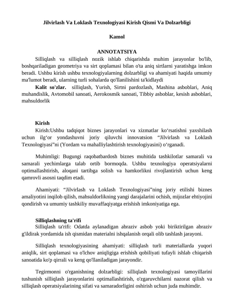 Jilvirlash Va Loklash Texnologiyasi Kirish Qismi Va Dolzarbligi