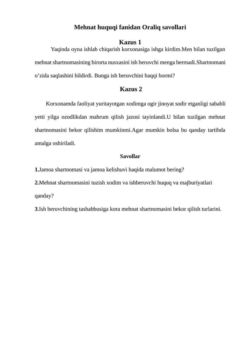 Mehnat huquqi fanidan Oraliq savollari