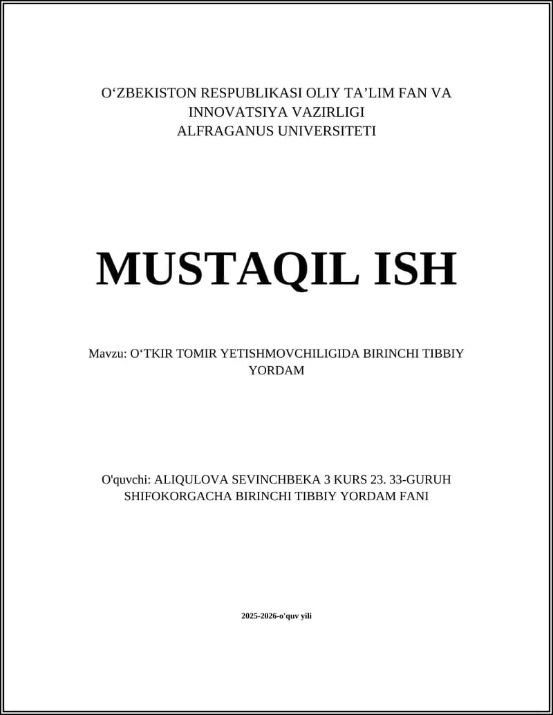 OʻTKIR TOMIR YETISHMOVCHILIGIDA BIRINCHI TIBBIY YORDAM