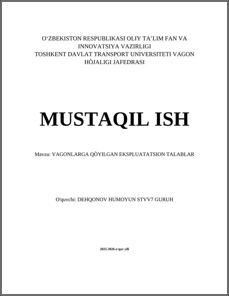 VAGONLARGA QÒYILGAN EKSPLUATATSION TALABLAR