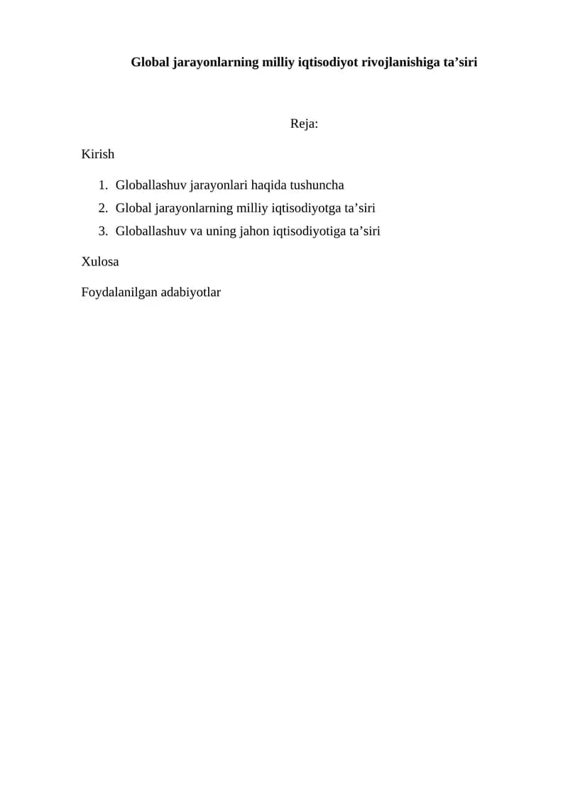 Globallashuv va milliy iqtisodiyot