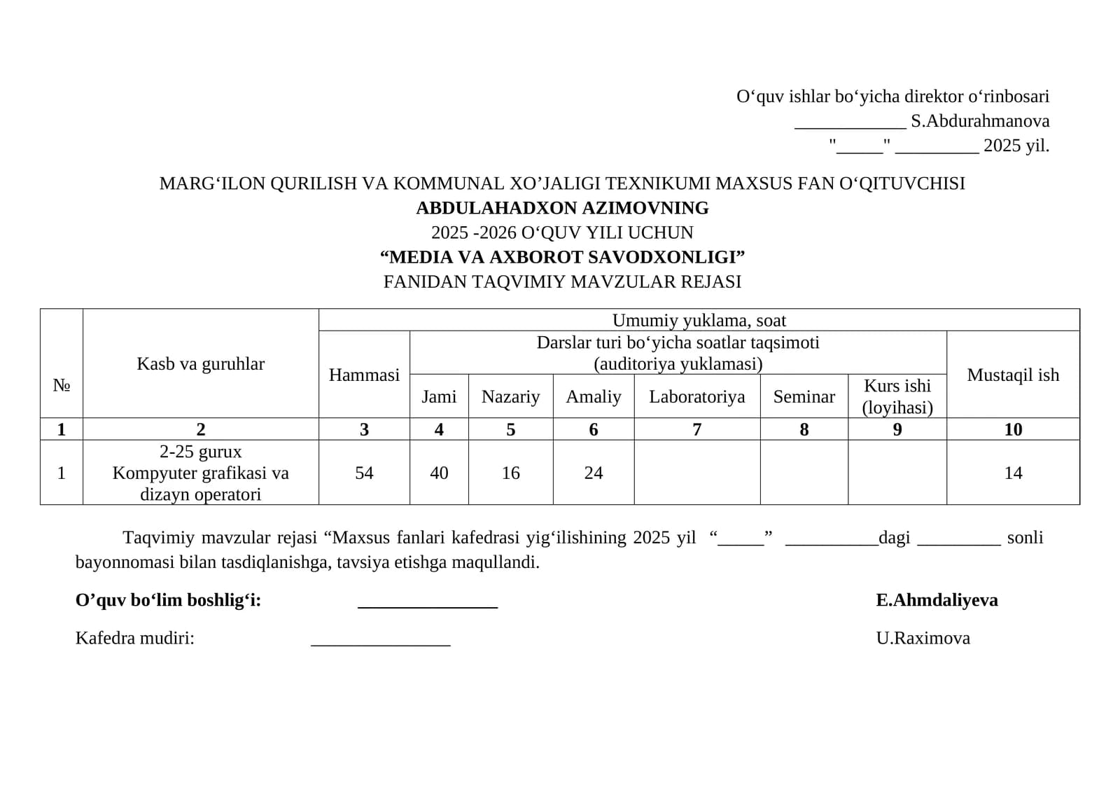 Media va axborot savodxonligi fanining taqvimiy mavzular rejasi