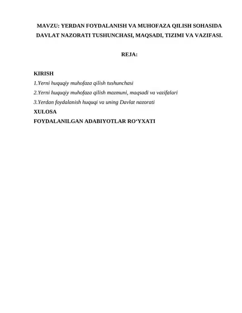 YERDAN FOYDALANISH VA MUHOFAZA QILISH SOHASIDA DAVLAT NAZORATI TUSHUNCHASI