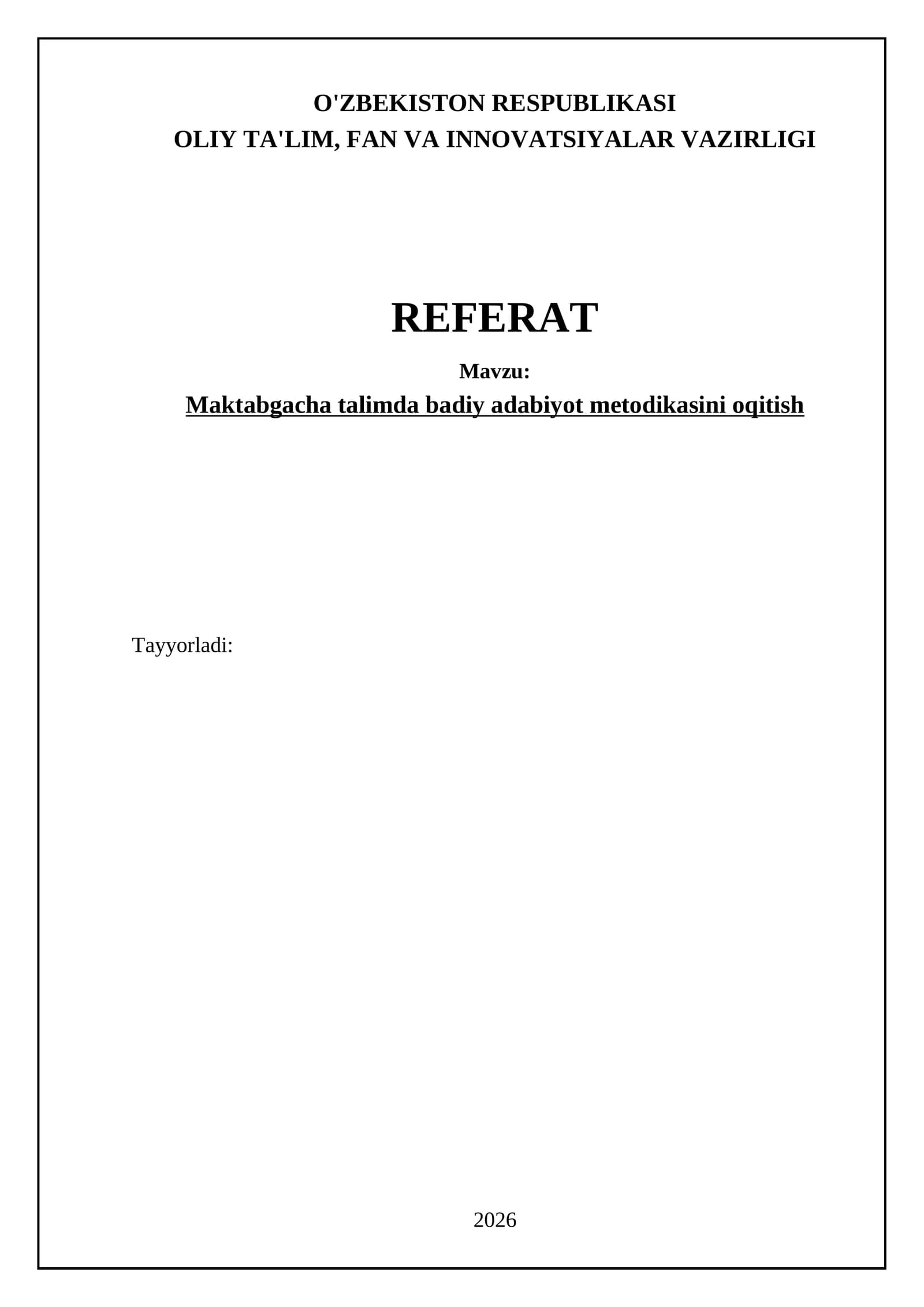 Maktabgacha talimda badiy adabiyot metodikasini oqitish