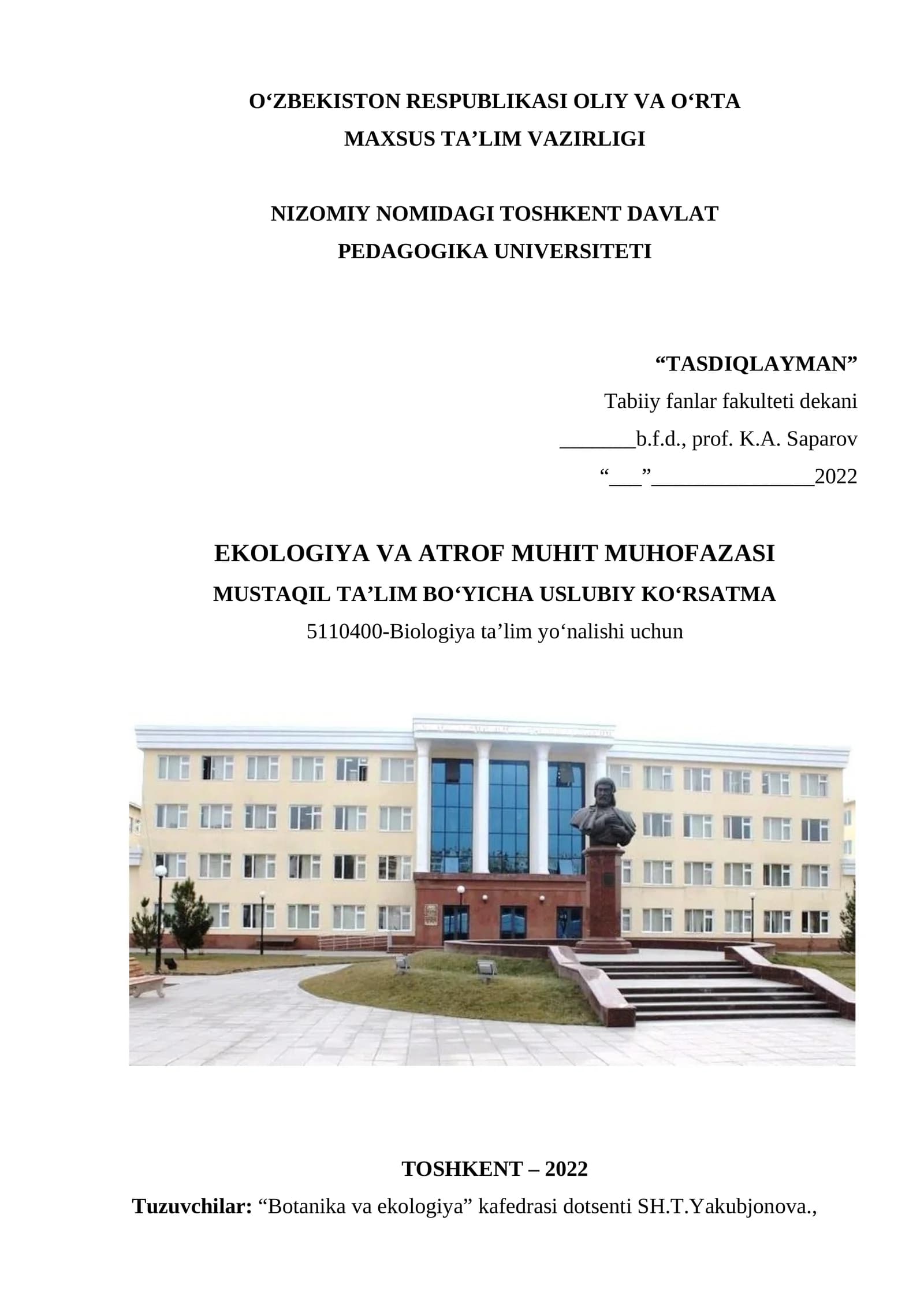 Ekologiya va atrof muhit muhofazasi fani ishchi о‘quv dasturi
