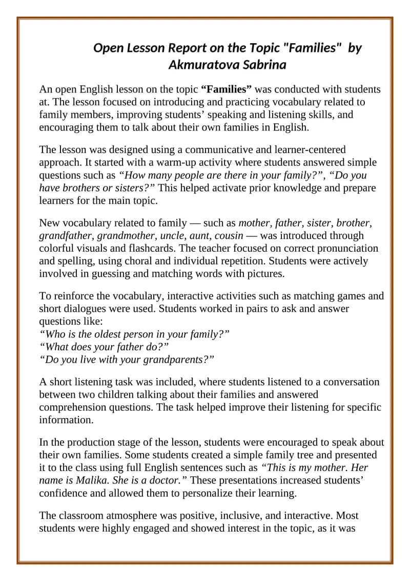 Open Lesson Report on the Topic "Families" by Akmuratova Sabrina