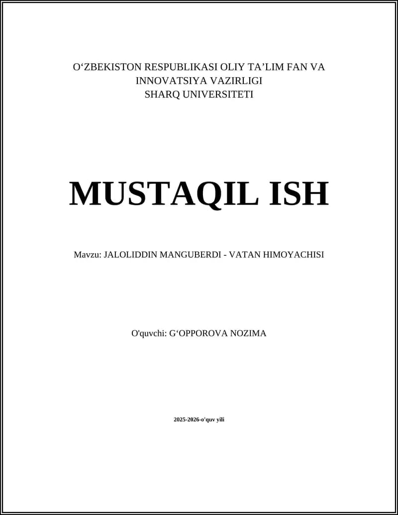 JALOLIDDIN MANGUBERDI - VATAN HIMOYACHISI