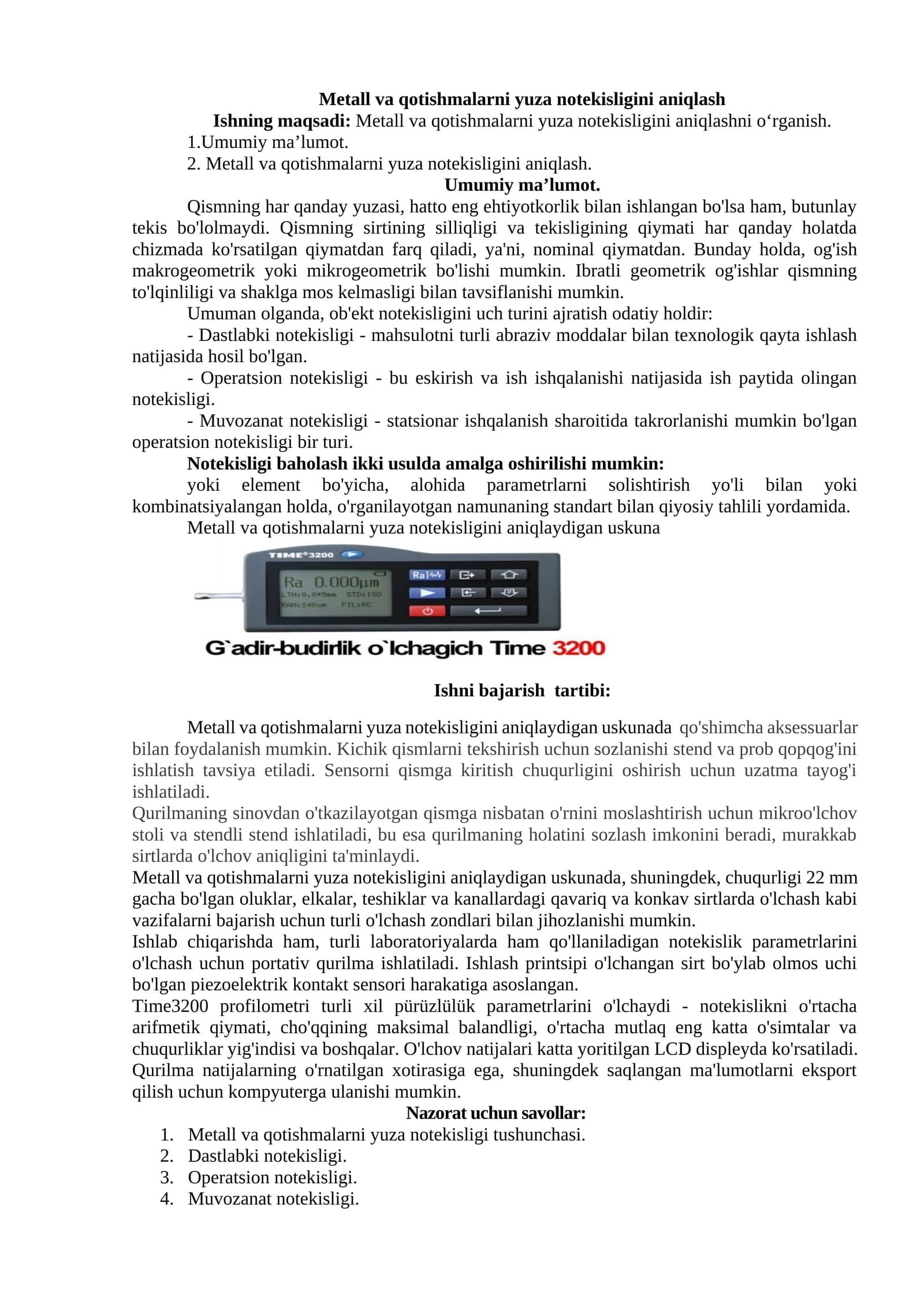 Yuza notekisligini aniqlash