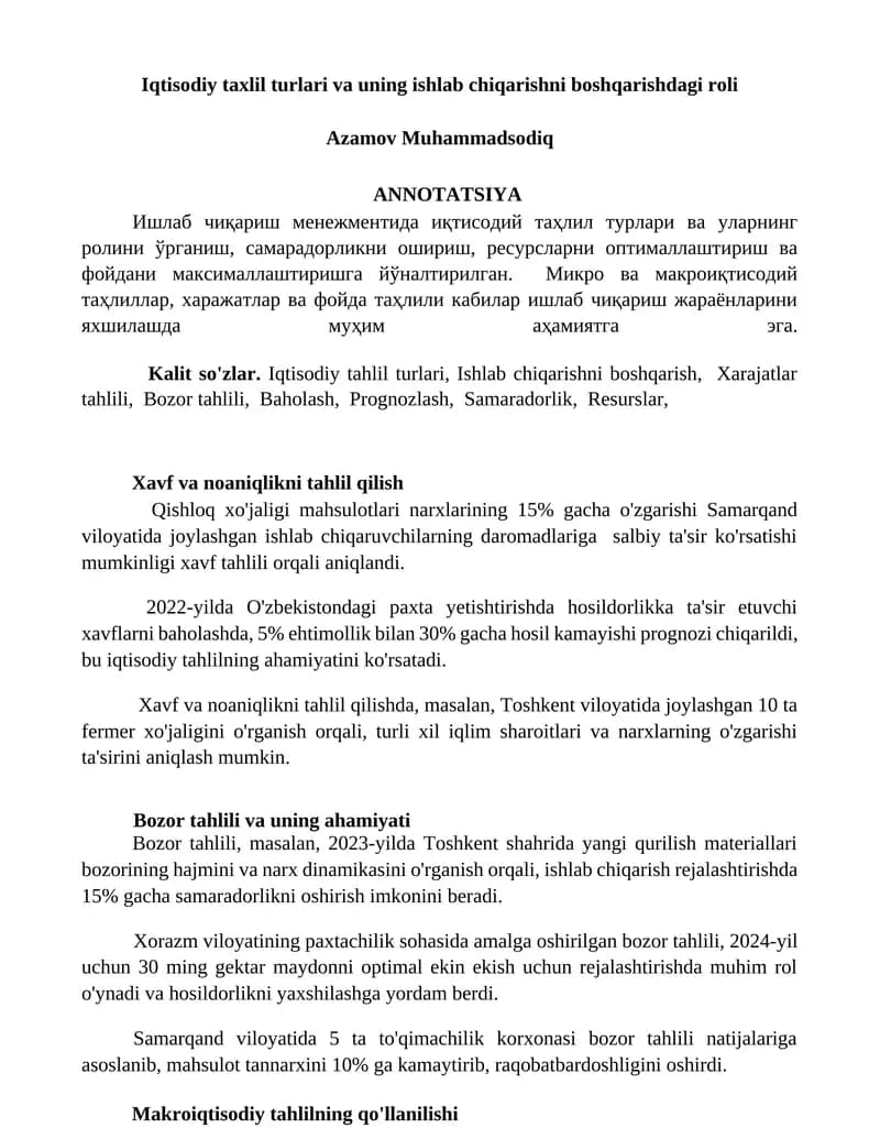 Iqtisodiy taxlil turlari va uning ishlab chiqarishni boshqarishdagi roli