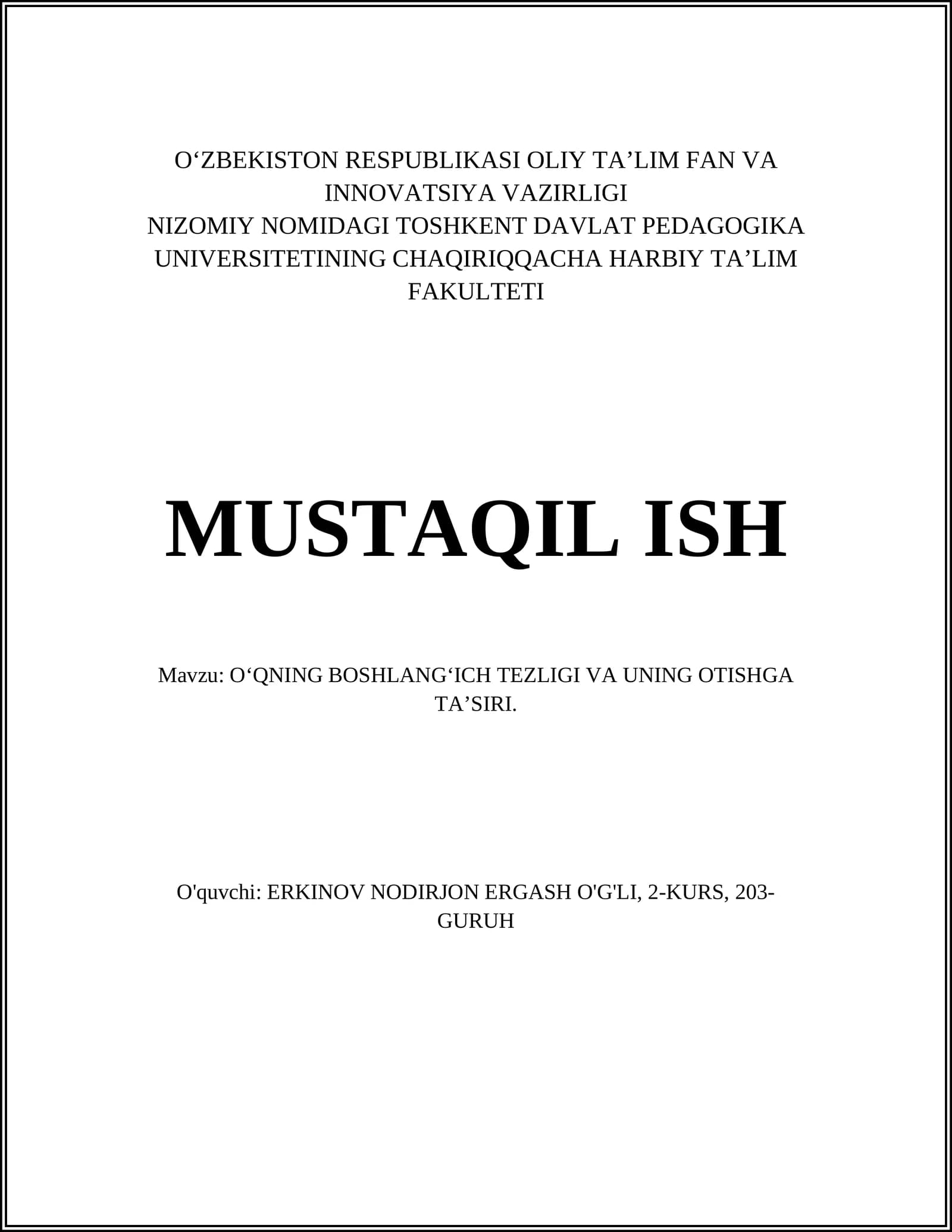 O‘QNING BOSHLANG‘ICH TEZLIGI VA UNING OTISHGA TA’SIRI