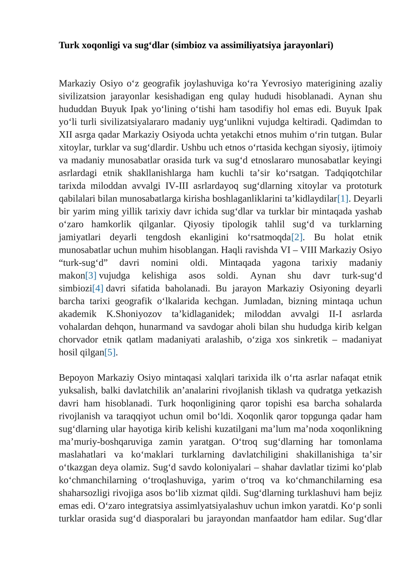 Turk xoqonligi va sug‘dlar (simbioz va assimiliyatsiya jarayonlari)