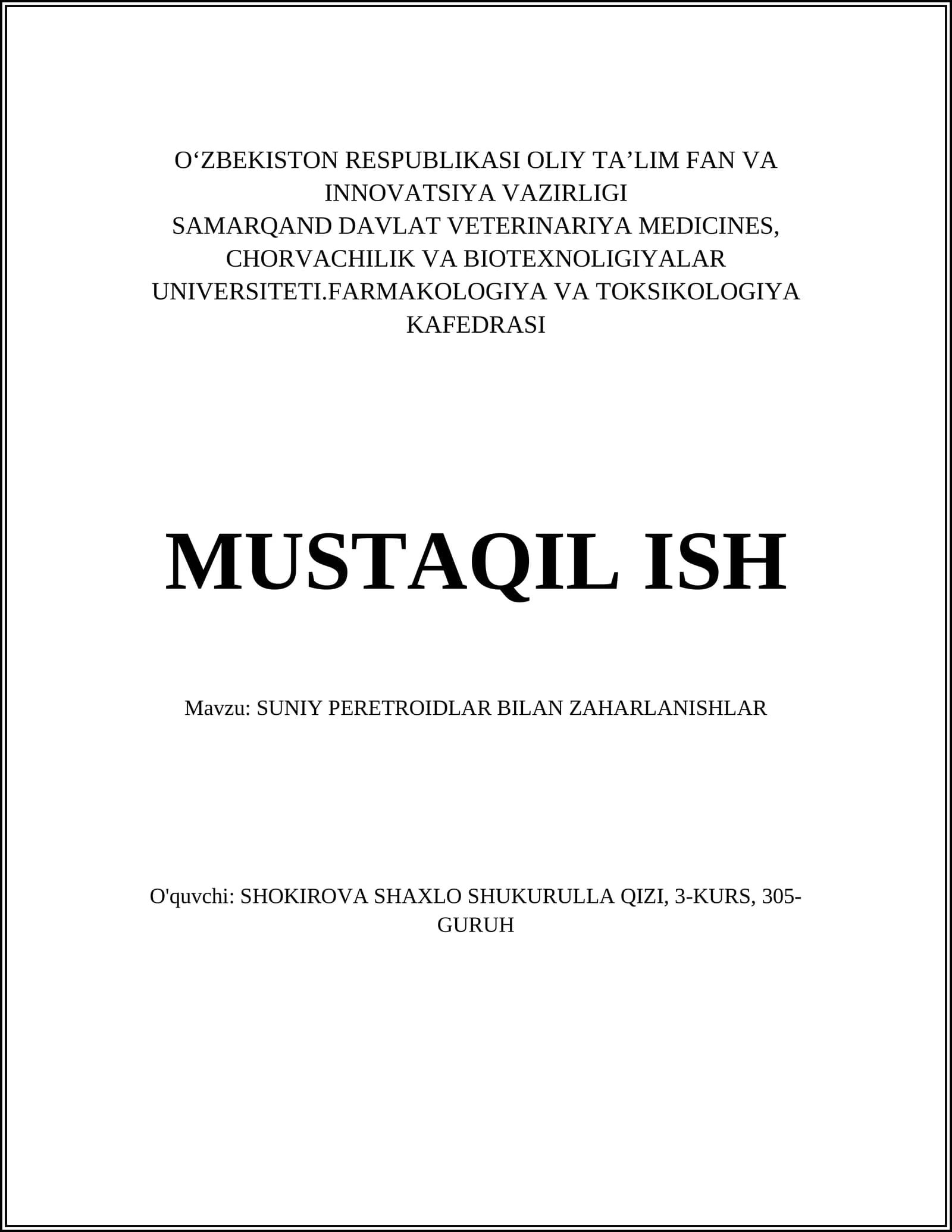 SUNIY PERETROIDLAR BILAN ZAHARLANISHLAR