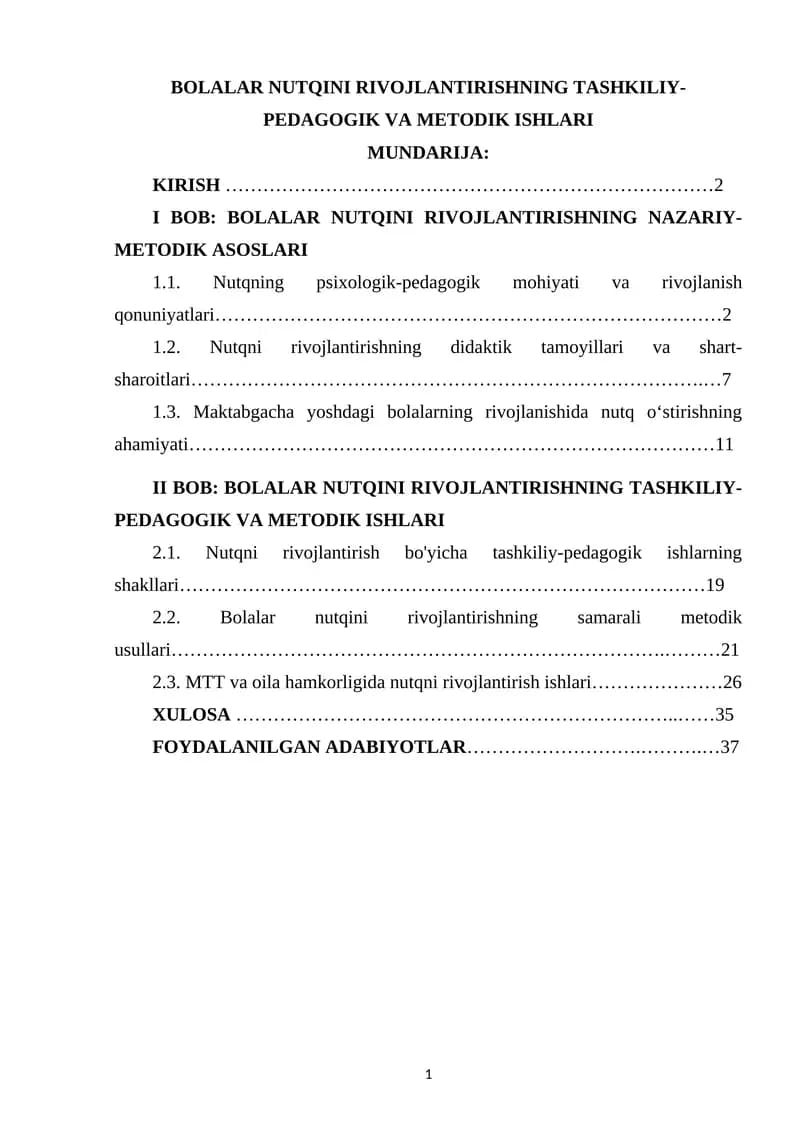 BOLALAR NUTQINI RIVOJLANTIRISHNING TASHKILIY-PEDAGOGIK VA METODIK ISHLARI