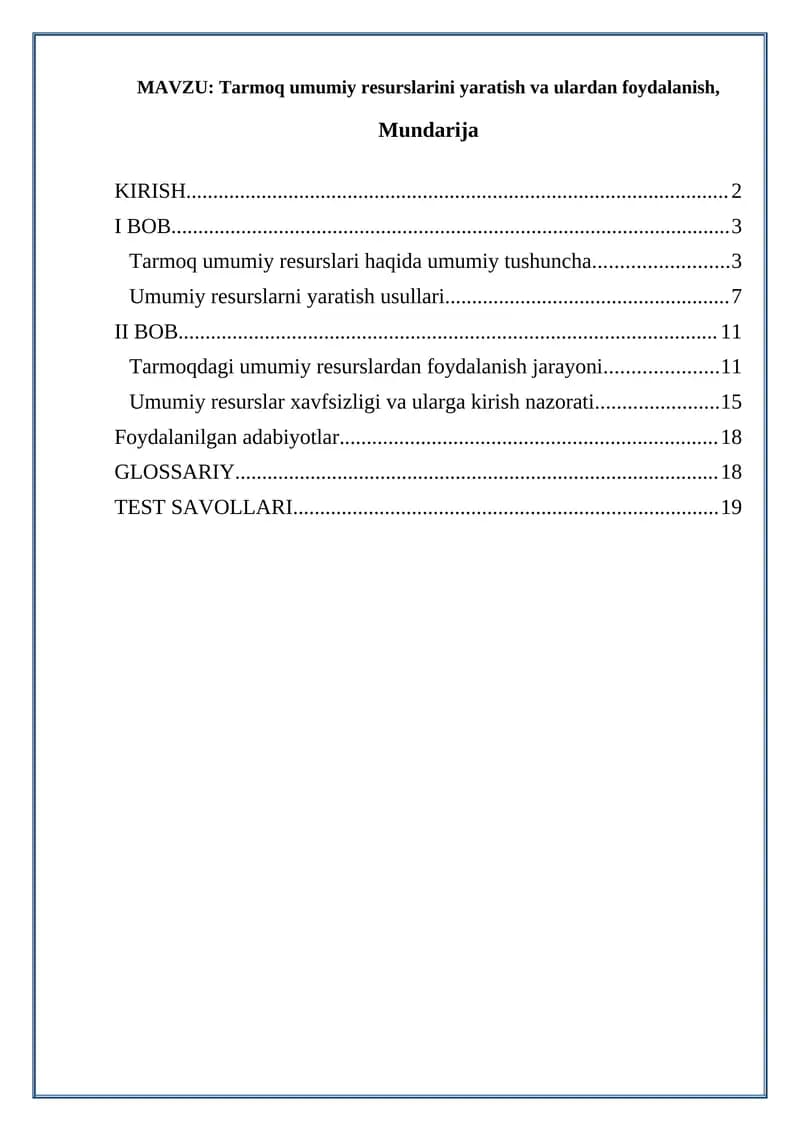 Tarmoq umumiy resurslari haqida umumiy tushuncha