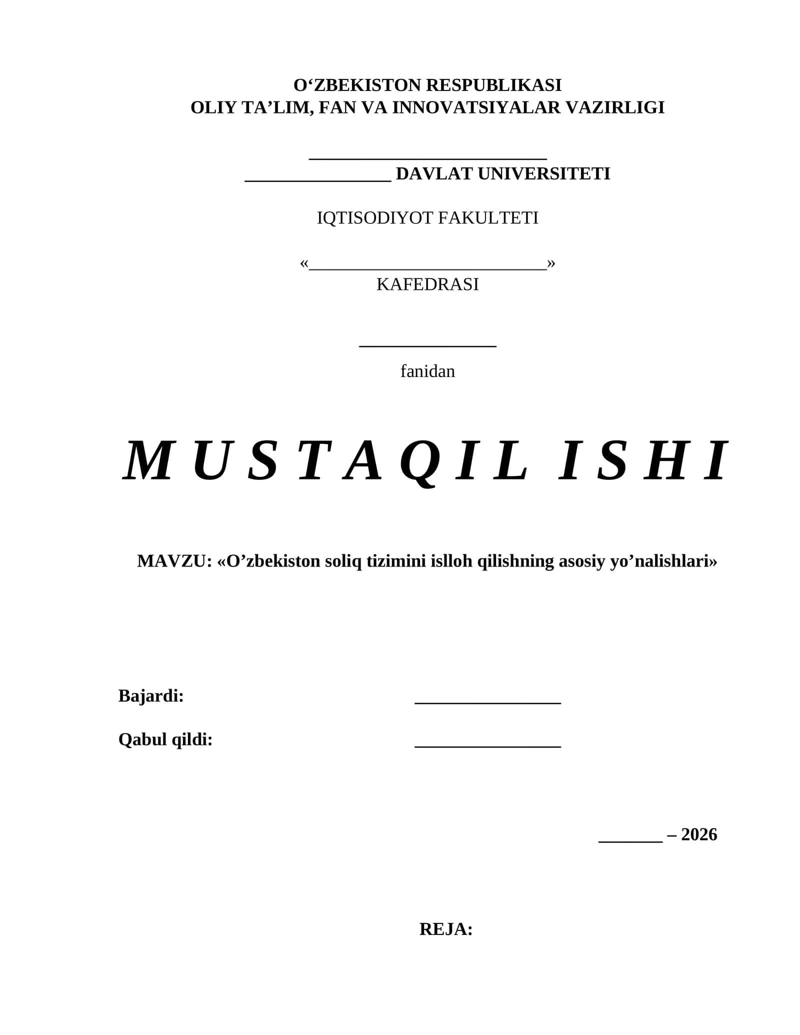 O’zbekiston soliq tizimini islloh qilishning asosiy yo’nalishlari
