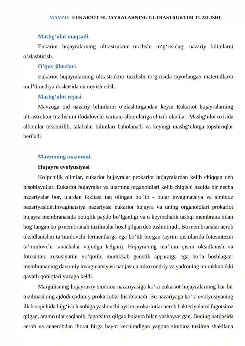 EUKARIOT HUJAYRALARNING ULTRASTRUKTUR TUZILISHI