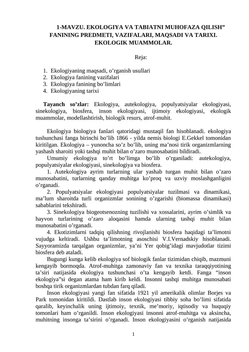 EKOLOGIYA VA TABIATNI MUHOFAZA QILISH