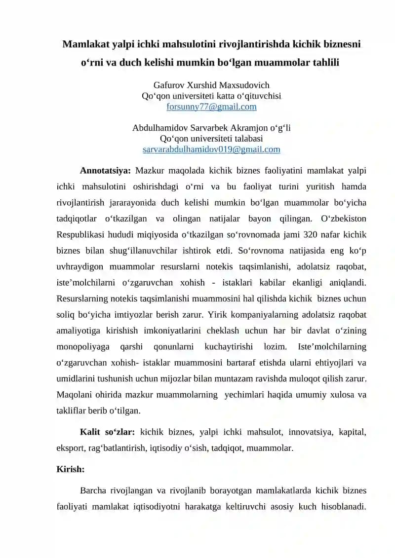 Mamlakat yalpi ichki mahsulotini rivojlantirishda kichik biznesni o‘rni va duch kelishi mumkin bo‘lgan muammolar tahlili